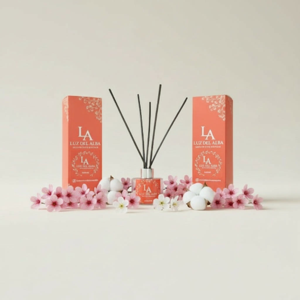 MIKADO FLOR DE ALBA-100ML, ambientador decorativo con varillas y flores, fragancia suave y floral.