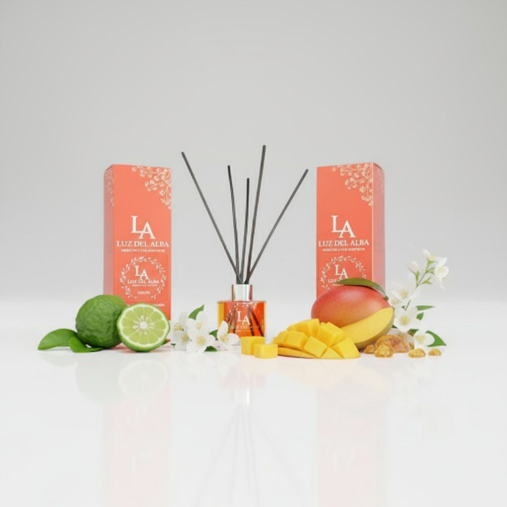 MIKADO CARIBE DORADO- 100ML, difusor de fragancia tropical con notas de mango, bergamota y jazmín.